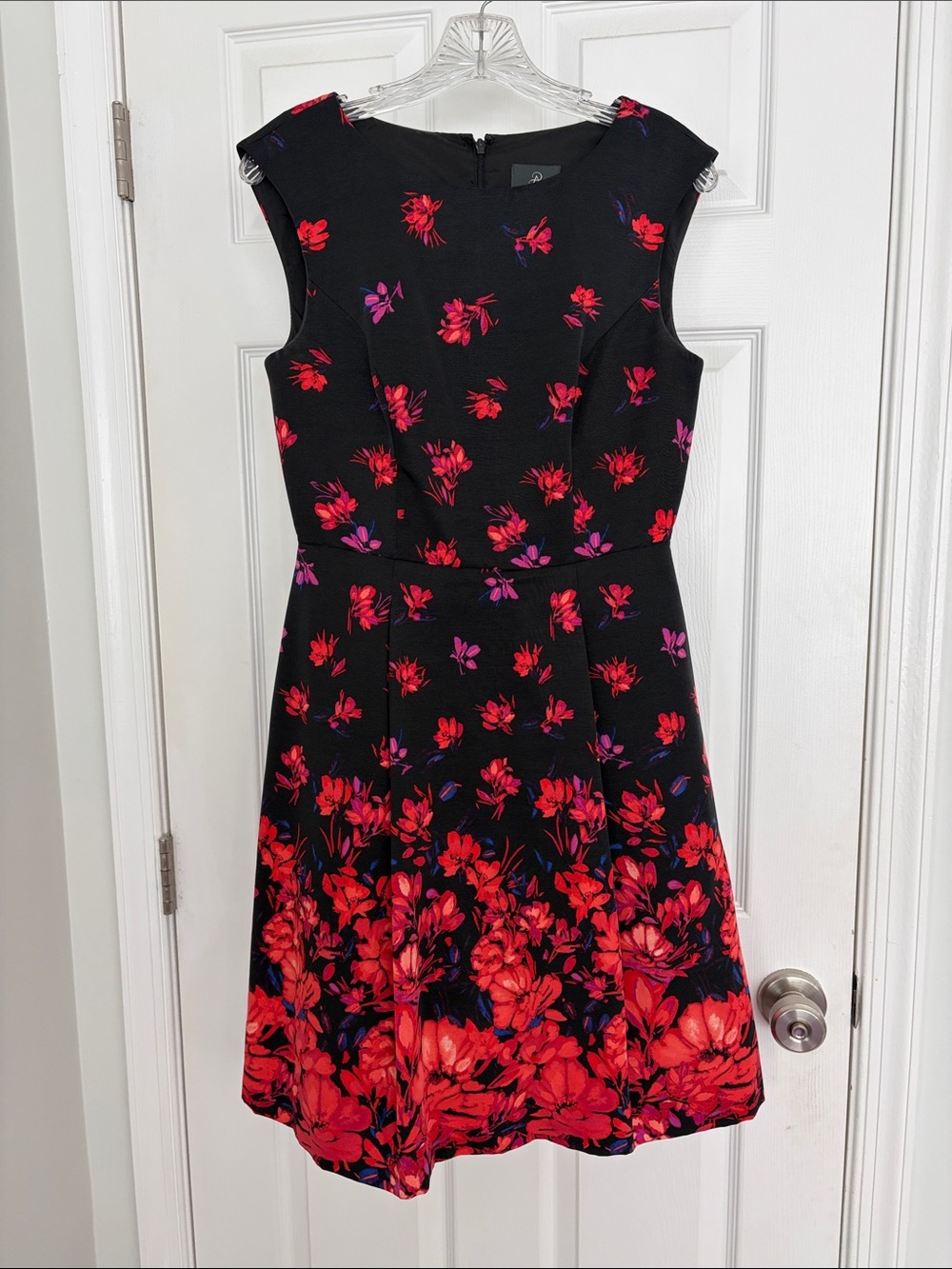 Adrianna Papell Floral Fit-and-Flare Dress in Black with Red & Pink Print